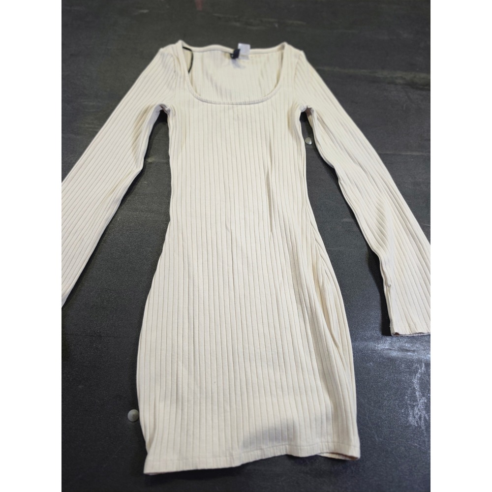 H&M Divided Ribbed Long Sleeve MiniDress Cream Square Neck XS Bodycon Minimalist